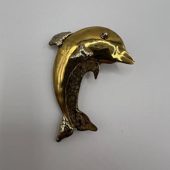 Gold and Copper artisan dolphin brooch pin and pendant combo nautical coastal - Picture 2 of 4